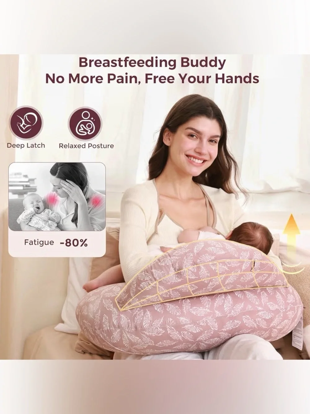 NWT - Momcozy - Nursing Pillow with feathers Print in pink & white -Pink Snuggle